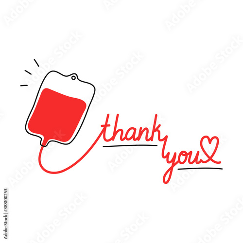 Donating blood through special bag and red lettering thank you