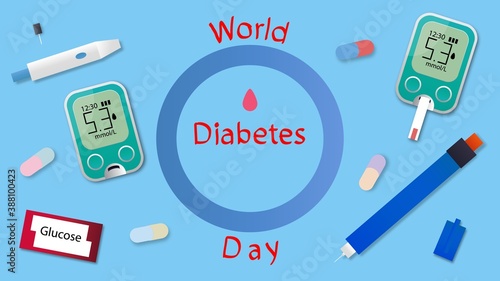 World Diabetes Day background. Colorful glucometers, insulin pen, lancets and test strips.