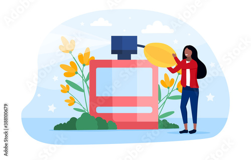 Abstract concept for production of perfume, cologne, cosmetic products with tiny young girl standing next to giant bottle of eau de toilette. Flat cartoon vector illustration with fictional characters