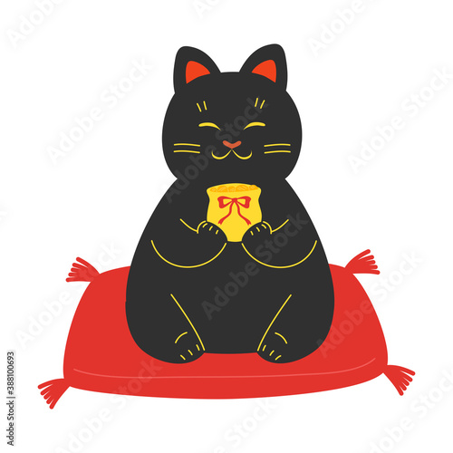 Black japanese traditional maneki neko cat statue with money bag
