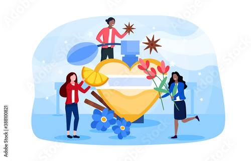 Abstract concept for the production of perfume, cologne and cosmetic products. Flat cartoon vector illustration with fictional characters.