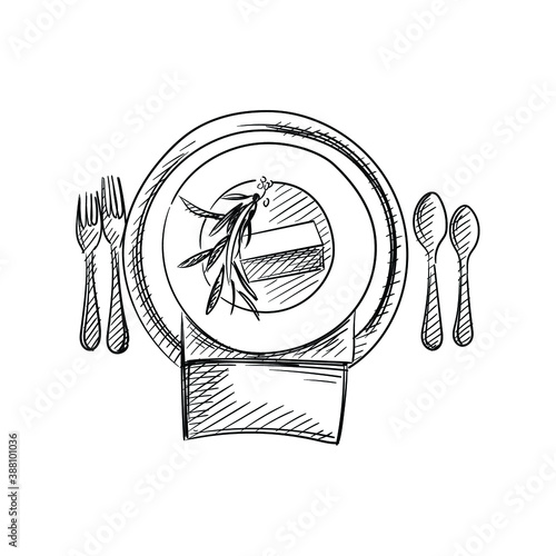 Hand-drawn sketch of table service set for Wedding ceremony. Preparation for wedding ceremony. Plates, knife, spoon, fork, napkin. Holiday. Celebration.