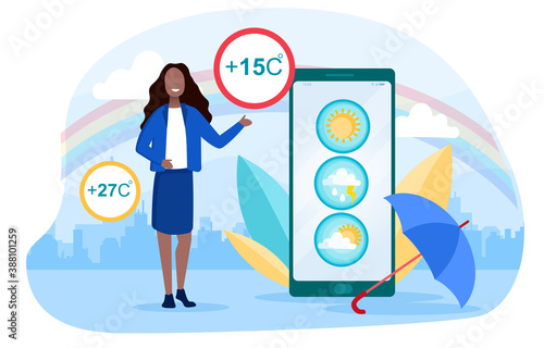 Weather forecasting and meteorology concept with a young smiling girl telling viewers about the upcoming weather. Flat cartoon vector illustration with fictional character.