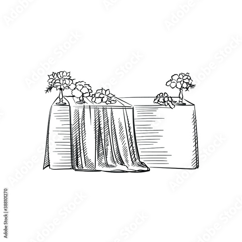 Hand-drawn sketch of wedding registration table decorated with flowers. Wedding accesories and attributes. Preparation for wedding ceremony. Bride and groom. Holiday. Celebration.