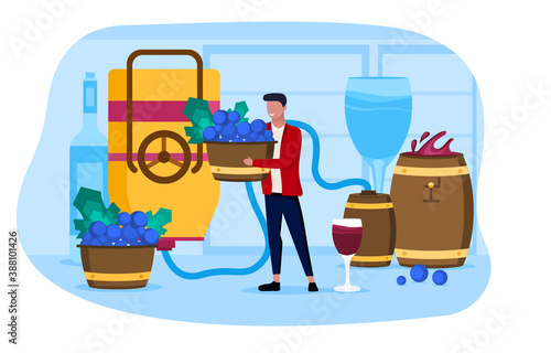 Abstract winemaking concept. Flat cartoon vector illustration with fictional character isolated on white background