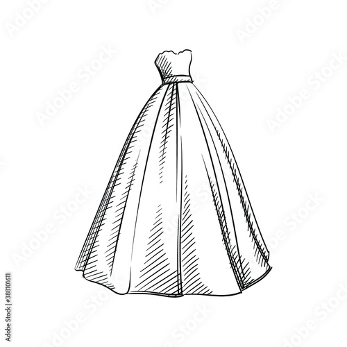 Hand-drawn sketch of wedding gown. Wedding accesories and dress. Preparation for wedding ceremony. Bride and groom. Holiday. Celebration.