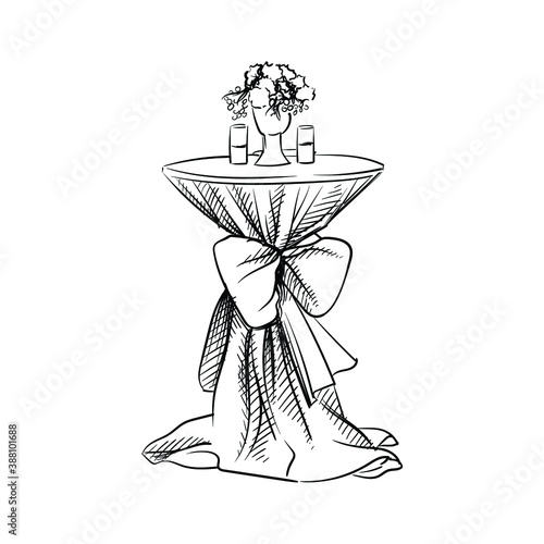Hand-drawn sketch of wedding Cocktail Table. Decorated cocktail table. Preparation for wedding ceremony. Holiday. Celebration.