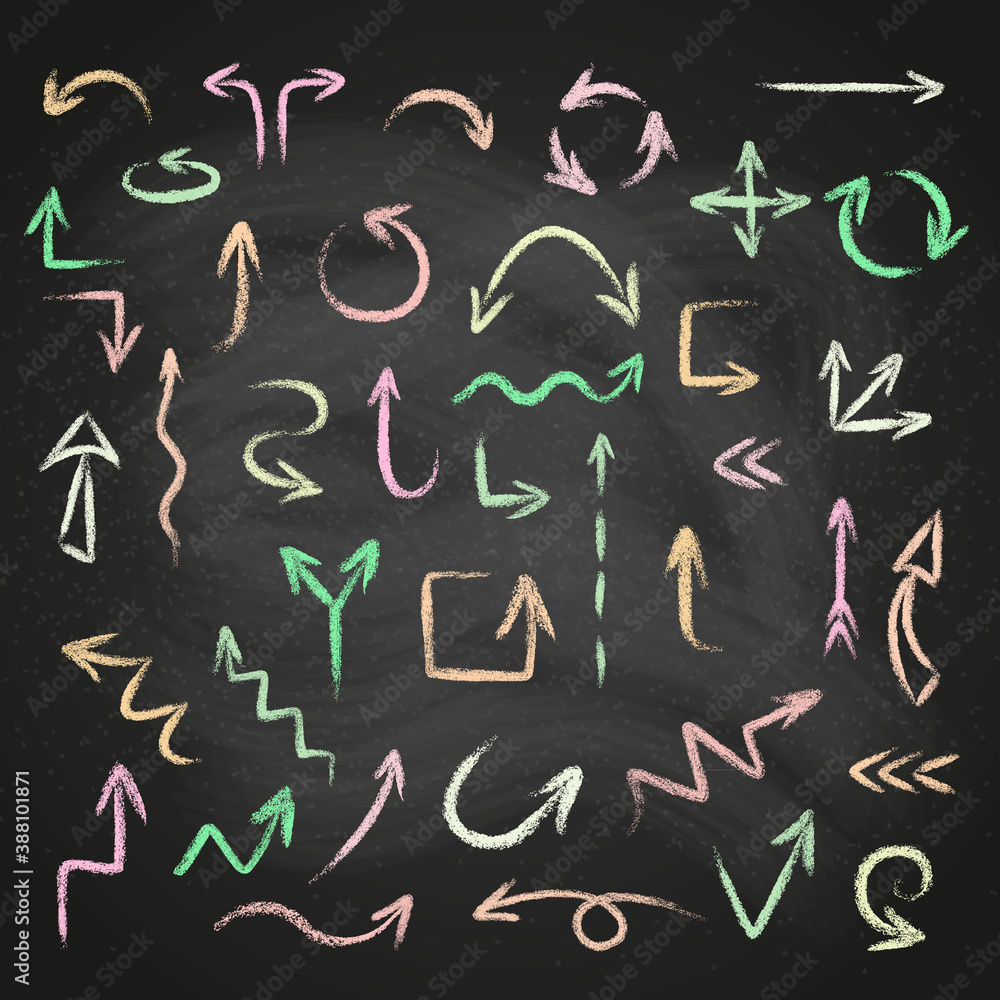 Hand drawn doodle arrows set made of chalk or pastel texture on a blackboard background. Vector illustration Hand drawn doodle arrows set made of chalk or pastel texture on a blackboard background. Vector illustration