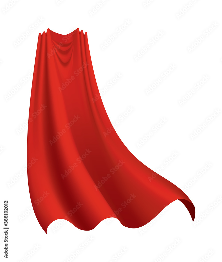 Superhero red cape on white background. Scarlet fabric silk cloak. Mantle costume or cover cartoon vector illustration. Flying carnival clothes Superhero red cape on white background. Scarlet fabric silk cloak. Mantle costume or cover cartoon vector illustration. Flying carnival clothes