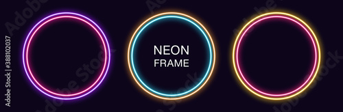 Neon circle Frame. Set of round neon Border with double outline. Geometric shape