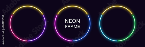 Neon circle Frame. Set of round neon Border in 3 outline parts. Geometric shape