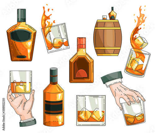Vector whiskey symbols set. Glass bottle, man hand holding glass of scotch with ice cubes, wooden alcohol barrel icon collection. Alcohol product advertising design