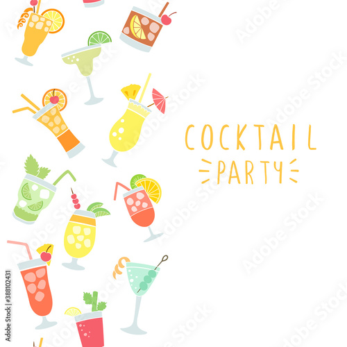 Colorful drinks set with the names of the coctails  isolated on white background  doodles  hand drawn style. Vector illustration.