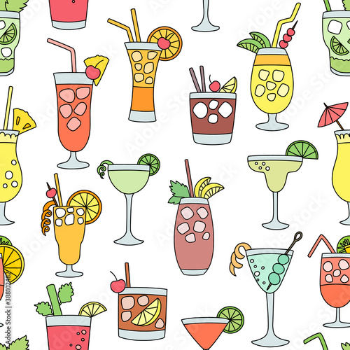 Cocktail alcohol beverage drinking alcoholic tequila martini drink cocktail in a glass with pina colada mojito and cosmopolitan or drinkable bellinis seamless pattern background. Vector illustration.