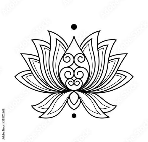 Lotus icon. Monochrome blooming flower. Hand drawn lotos flower illustration isolated on white background. Black linear petals of plant in coloring style