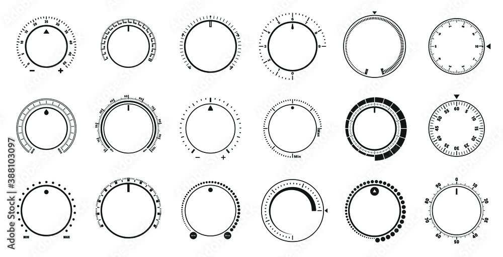Adjustment dial. Volume level knob, rotary dials with round scale and round controller. Min and Max radial selector vector graphic set