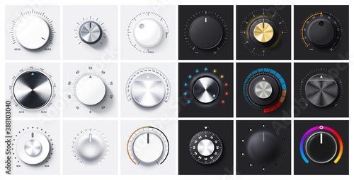 Round adjustment dial. Regulator knob, volume level and analog Min Max dials with realistic shadow and radial metal gradient. 3D Knobs on black and white backgrounds vector set photo