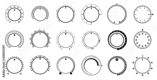 Adjustment dial. Volume level knob, rotary dials with round scale and round controller. Min and Max radial selector vector graphic set photo