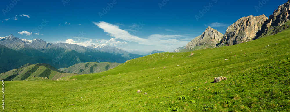 Beautiful summer aerial panorama landscape in Caucasus Mountains, Republic of Ingushetia, Russia