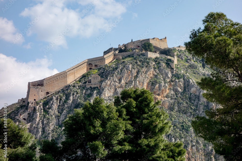 Palamidi Fortress on a rocky hill in Nafplio, Greece, EU with a castle wall