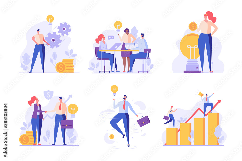 Successful business team set. Team of employees making project on time. Collection of teamwork, success career, project management, team thinking. Vector illustration in flat design for UI, web banner