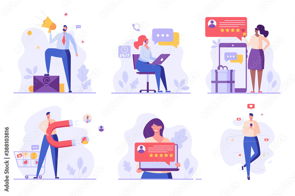 Social media marketing set. People using CRM service. Collection of promotion, e-mail marketing, pr, customer attraction. Vector illustration in flat design for UI, web banner, mobile app Social media marketing set. People using CRM service. Collection of promotion, e-mail marketing, pr, customer attraction. Vector illustration in flat design for UI, web banner, mobile app