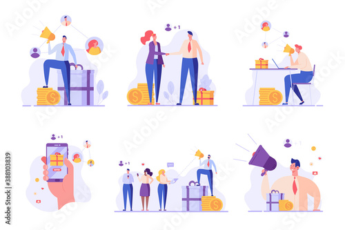 Refer a friend set. People with shout and invites friends. Concept of referral program  inviting  business partnership  smm. Vector illustration in flat design for UI  banner  landing page
