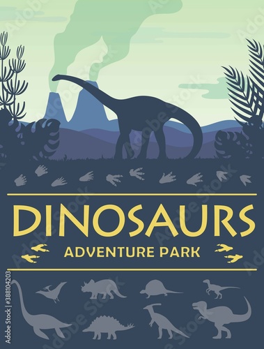 Dinosaurs adenture park poster prehistoric world dinosaurs silhouette and a place for text vector illustration