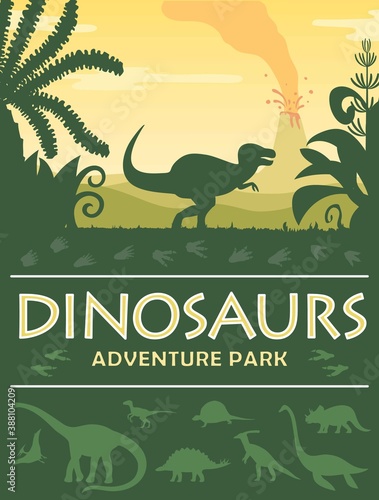 Dinosaurs adenture park poster prehistoric world dinosaurs silhouette and a place for text vector illustration