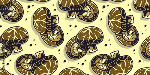 Colored seamless pattern wallpaper with vegetarian champignon silhouette for holiday. Autumn illustration of mushroom picking for nature design