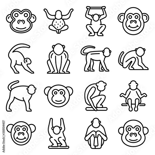 Gibbon icons set. Outline set of gibbon vector icons for web design isolated on white background