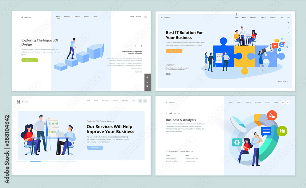 Set of website template designs of business services and app, data analysis, marketing and web design. Vector illustration concepts for website and mobile website development.  - obrazy, fototapety, plakaty 