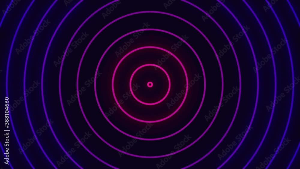 Neon concentric circles animation with short out of focus moments. Abstract radio wave motion of some simple flat shapes