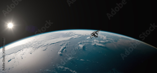 Fototapeta Naklejka Na Ścianę i Meble -  International Space Station (ISS) Orbiting Earth in Space - SpaceX & NASA Research - ISS Satellite Ocean Sunset View Low Orbit - 3D Rendering
