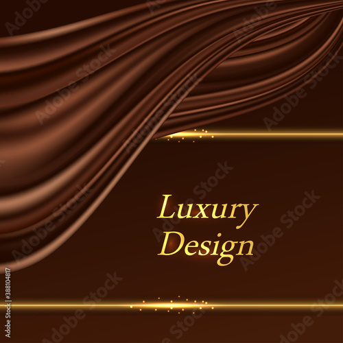 Luxury background with chocolate wavy silk curtain and golden glowing border lines. Dark brown chocolate satin texture, shiny gold frame. Backdrop for banner or poster. Vector illustration
