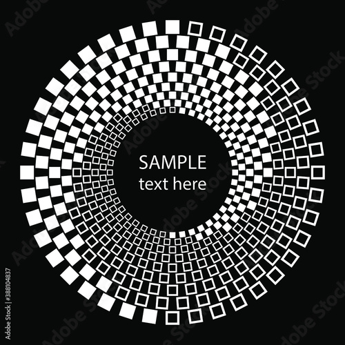 White abstract rotated square dots in spiral form. Design element for frames, borders, web pages, prints, template, posters, monochrome pattern and abstract background