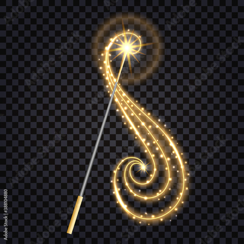 Magic wand isolated with glowing sparkles and golden light effect on transparent background. Vector illustration