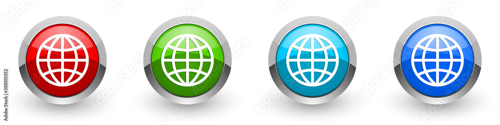 World, globe silver metallic glossy icons, set of modern design buttons for web, internet and mobile applications in four colors options isolated on white background World, globe silver metallic glossy icons, set of modern design buttons for web, internet and mobile applications in four colors options isolated on white background