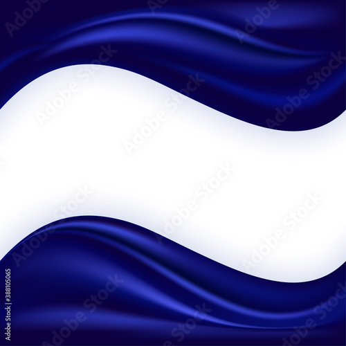 Blue silw wave border background for poster or banner. Deep blue smooth satin texture, wavy swirl, realistic color floe. Abstract vector illustration