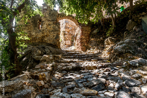 View of the walls of an ancient fortress in Alanya in Turkey