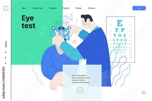 Medical tests template - c -modern flat vector concept digital illustration of eye test procedure -a female patient and a doctors with phoropter, ophthalmologic office