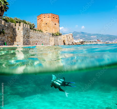 Принти на полотні View of the walls of the ancient fortress and the tower of Kyzyl Kule in Alanya
