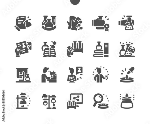 Chemistry lab and experiments, glassware and molecules. Hand of scientist holding flask. School. Vector Solid Icons. Simple Pictogram