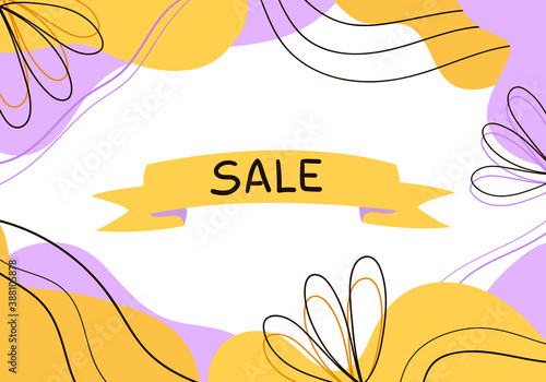 Vector banner with the inscription SALE in the Doodle style. Text SALE on a white background, abstract shapes. For window dressing, shops, posters