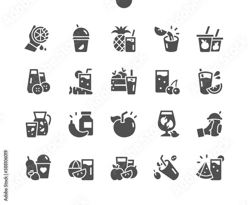 Freshly squeezed juice, fruit and vegetable smoothies in glass glasses. Healthy lifestyle concept. Menu for restaurant and cafe. Vector Solid Icons. Simple Pictogram