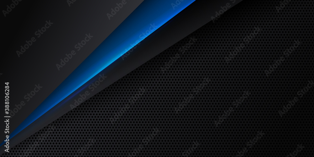 Trendy composition of blue technical shapes on black background. Dark metallic perforated texture design. Technology illustration. Vector header banner Trendy composition of blue technical shapes on black background. Dark metallic perforated texture design. Technology illustration. Vector header banner