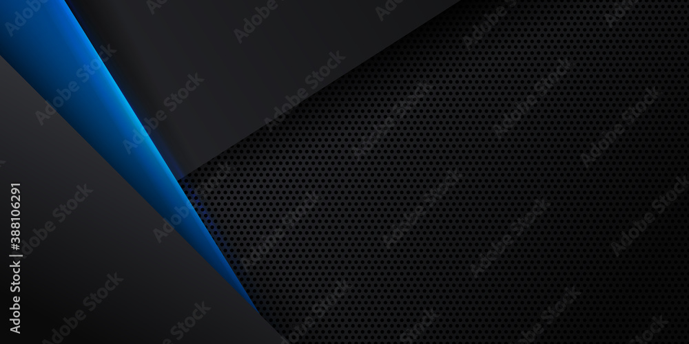 Trendy composition of blue technical shapes on black background. Dark metallic perforated texture design. Technology illustration. Vector header banner Trendy composition of blue technical shapes on black background. Dark metallic perforated texture design. Technology illustration. Vector header banner