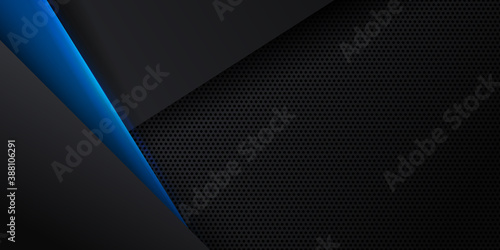 Trendy composition of blue technical shapes on black background. Dark metallic perforated texture design. Technology illustration. Vector header banner 