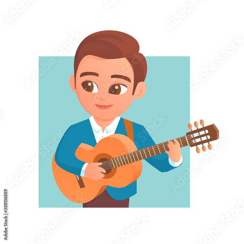 A young guy plays the guitar. A smile on my face. Classical musical instrument. Vector cartoon character illustration.