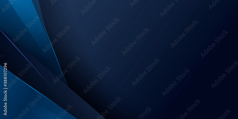 Dark navy blue abstract presentation background with geometric 3D triangles and light leaks